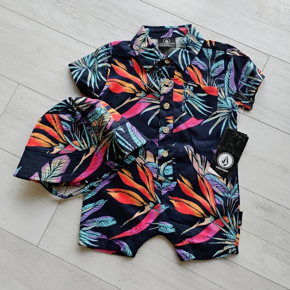 VOLCOM Baby NEW Tropical Woven Romper & Bucket Hat